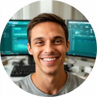 Smiling AI content creator sitting at a desk with dual monitors showing writing and analytics tools