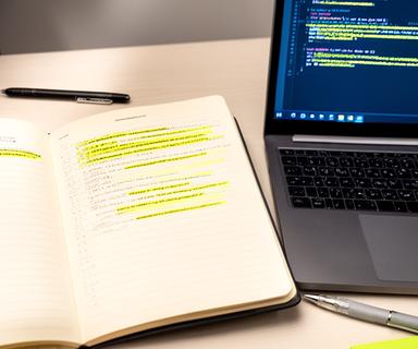 Open notebook next to a laptop showing an AI writing interface with highlighted prompt text
