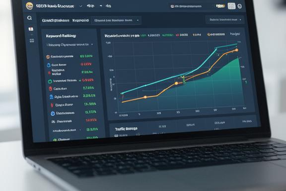 A laptop displaying an SEO analytics dashboard with keyword rankings and traffic growth charts for a blog